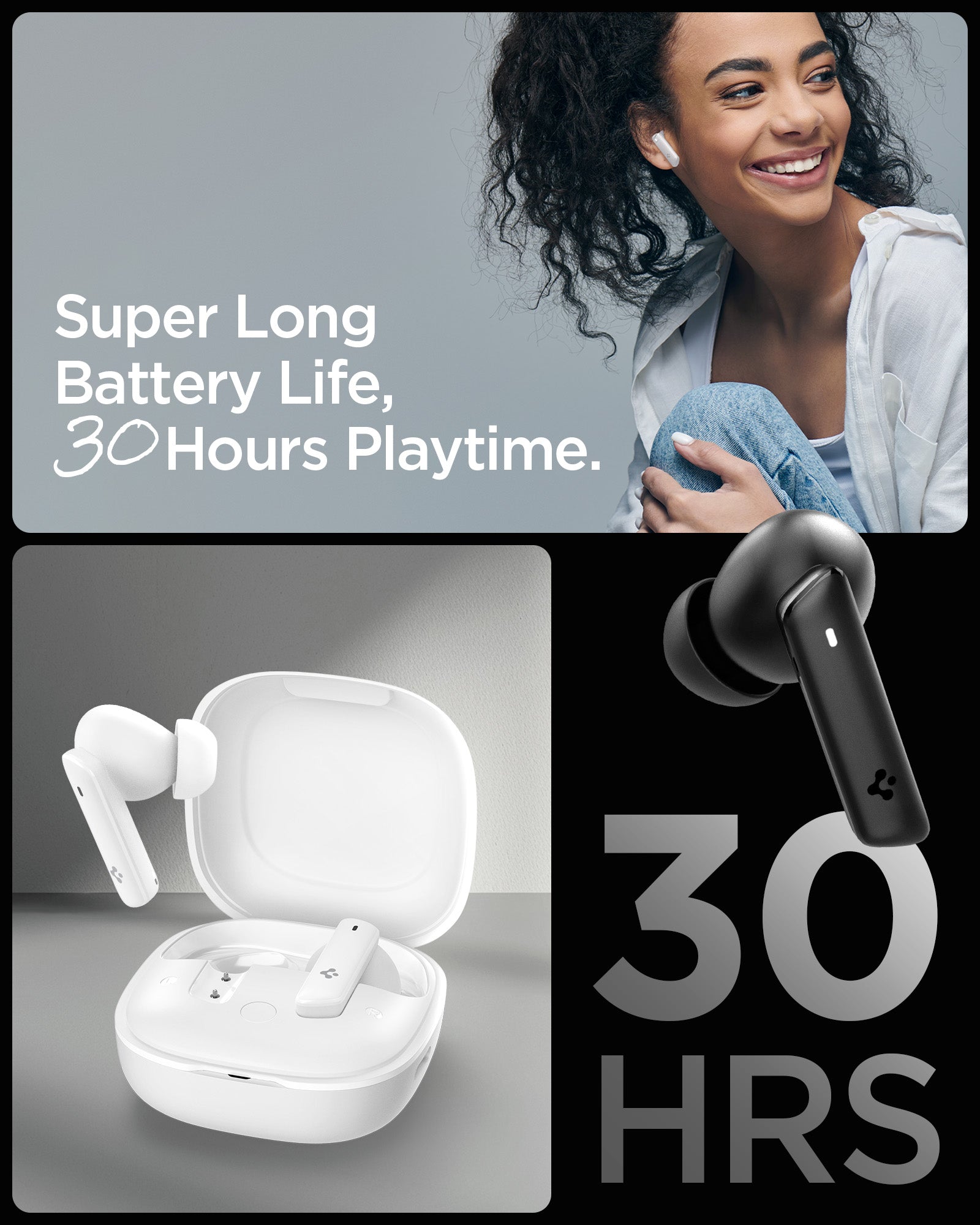 ASD07964 - Spigen True Wireless Earbuds SA2402 in White showing the super long battery life, 30 hours playtime