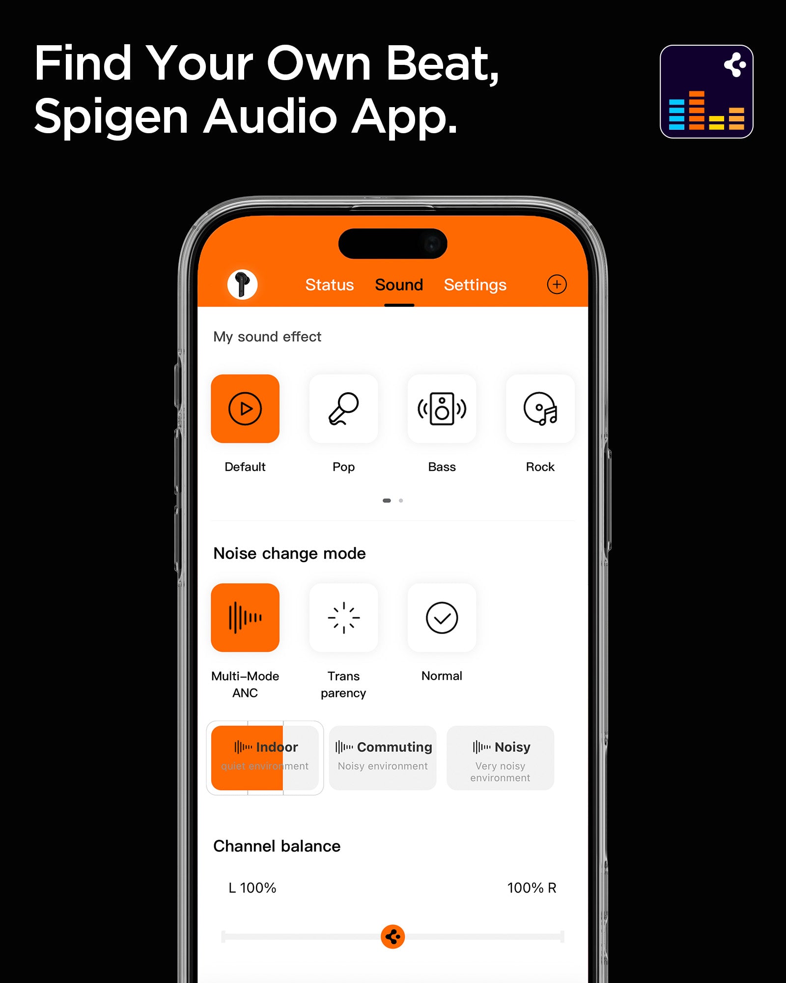 ASD09691 - Spigen Active Noise Cancelling SA2403 in Black showing finding your own beat, Spigen audio app