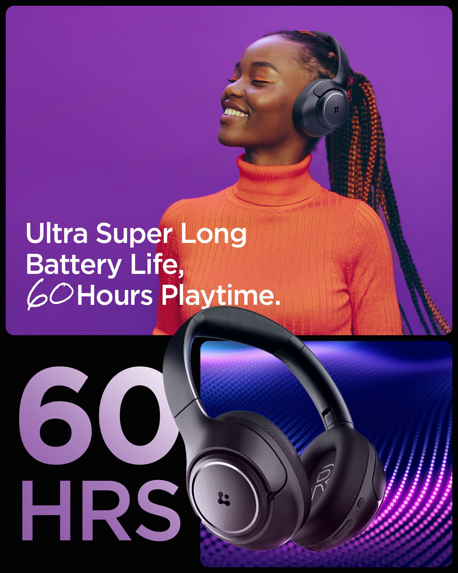 ASD09691 - Spigen Active Noise Cancelling SA2403 in Black showing the ultra super long battery life. 60 hours playtime