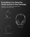ASD09691 - Spigen Active Noise Cancelling SA2403 in Black showing everything you need for great sound in one package. Charging cable, AUX audio cable and Headphones