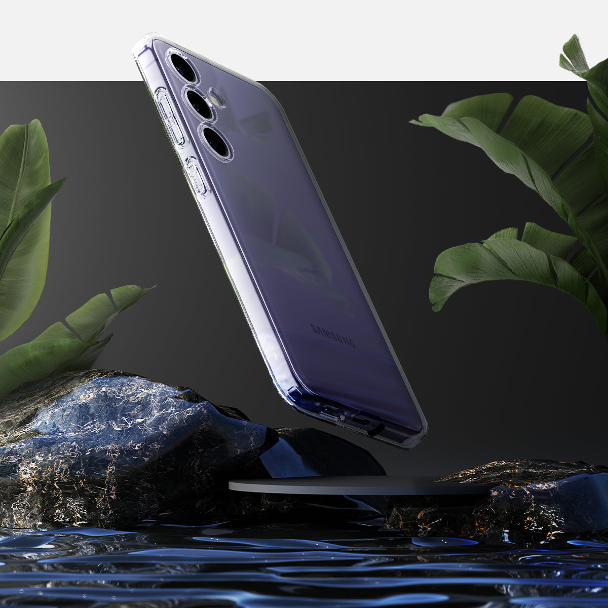 ACS07323 - Galaxy S24 Plus Case Liquid Crystal in Crystal showing back above the rock.