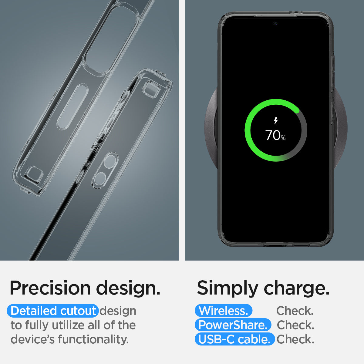 ACS07324 - Galaxy S24 Plus Case Liquid Crystal in Space Crystal precision design. Detail cutout design to fully utilize all of the device's functionality. Simply charge wireless check. power share check. USB-C cable check.