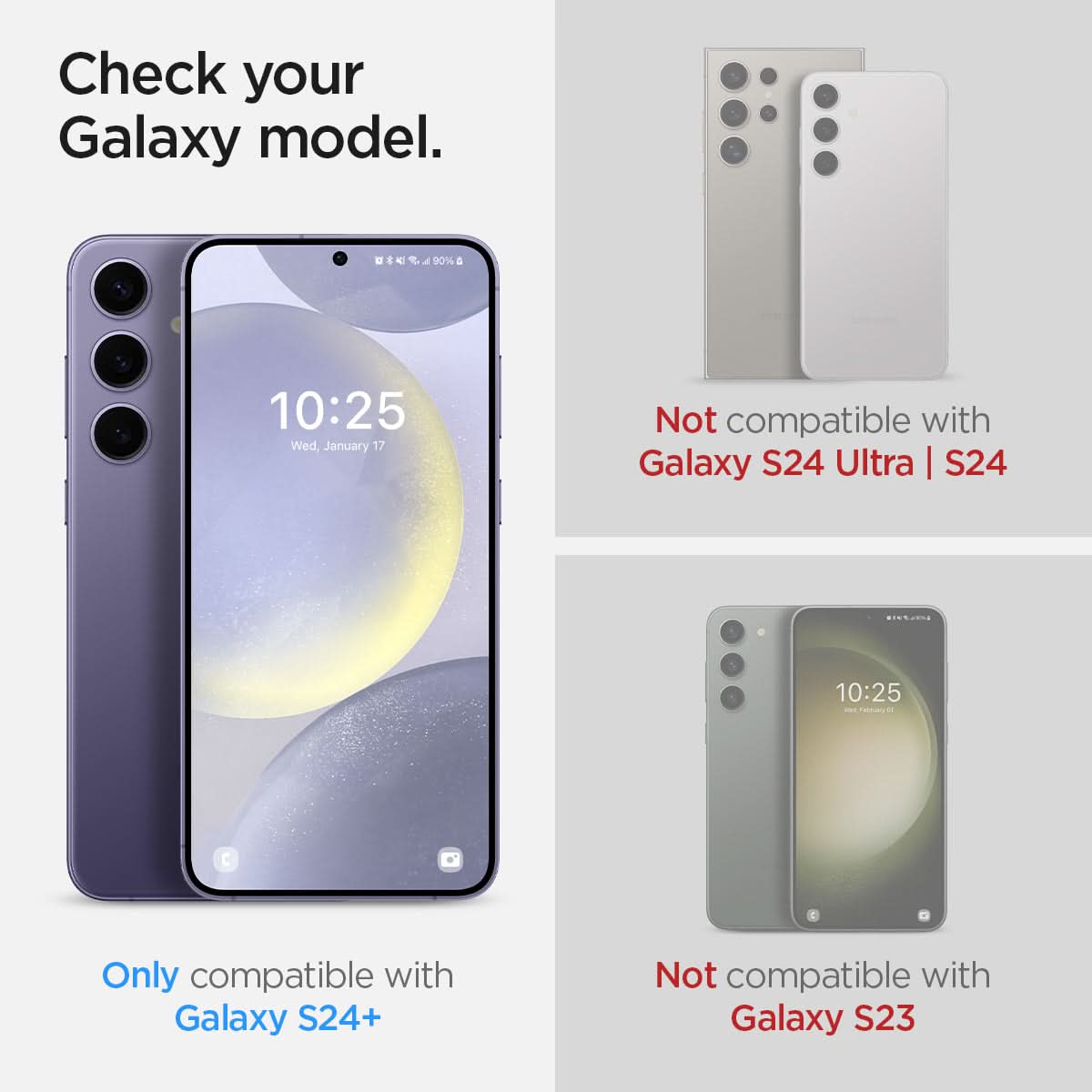 AFL07429 - Galaxy S24 Plus Neo Flex Solid in Transparency showing compatibility only with Galaxy S24+. Not compatible with Galaxy S24 Ultra | S24 and Galaxy S23