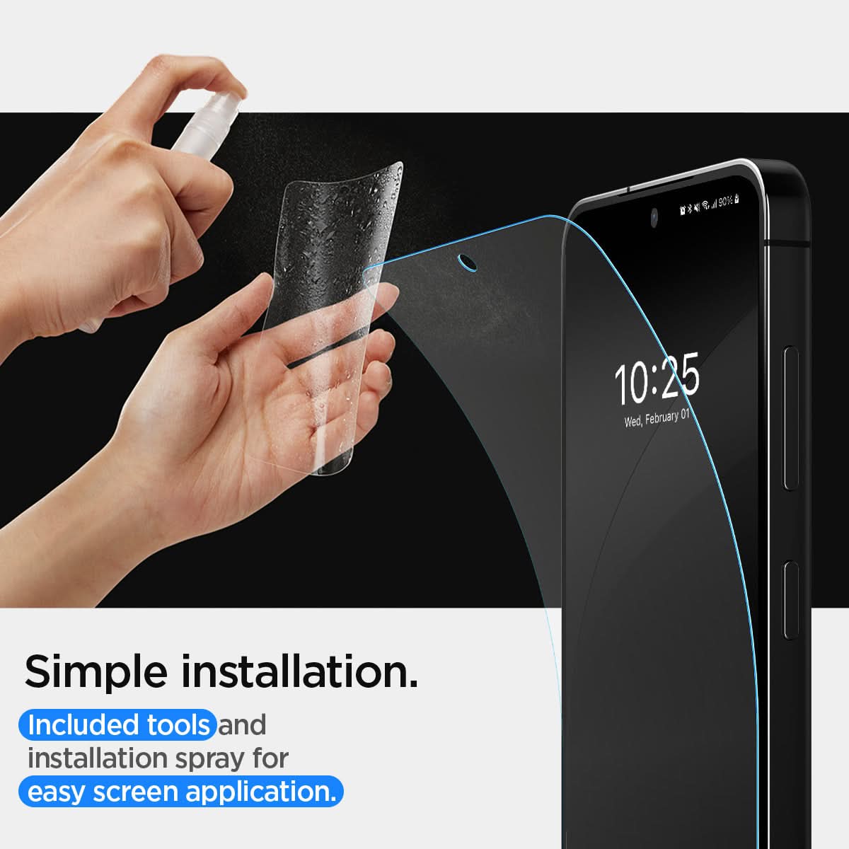AFL07429 - Galaxy S24 Plus Neo Flex Solid in Transparency showing the simple installation. Included tools, installation spray for easy screen application
