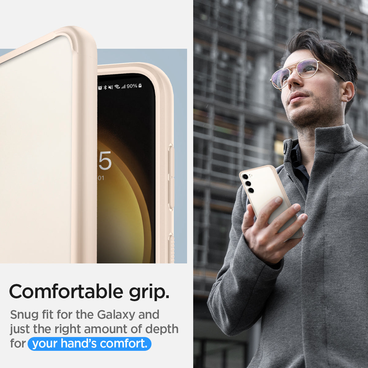 ACS06086 - Galaxy S23 Case Ultra Hybrid in sand beige comfortable grip. snug fit for the galaxy and just the right amount of depth for your hand's comfort.