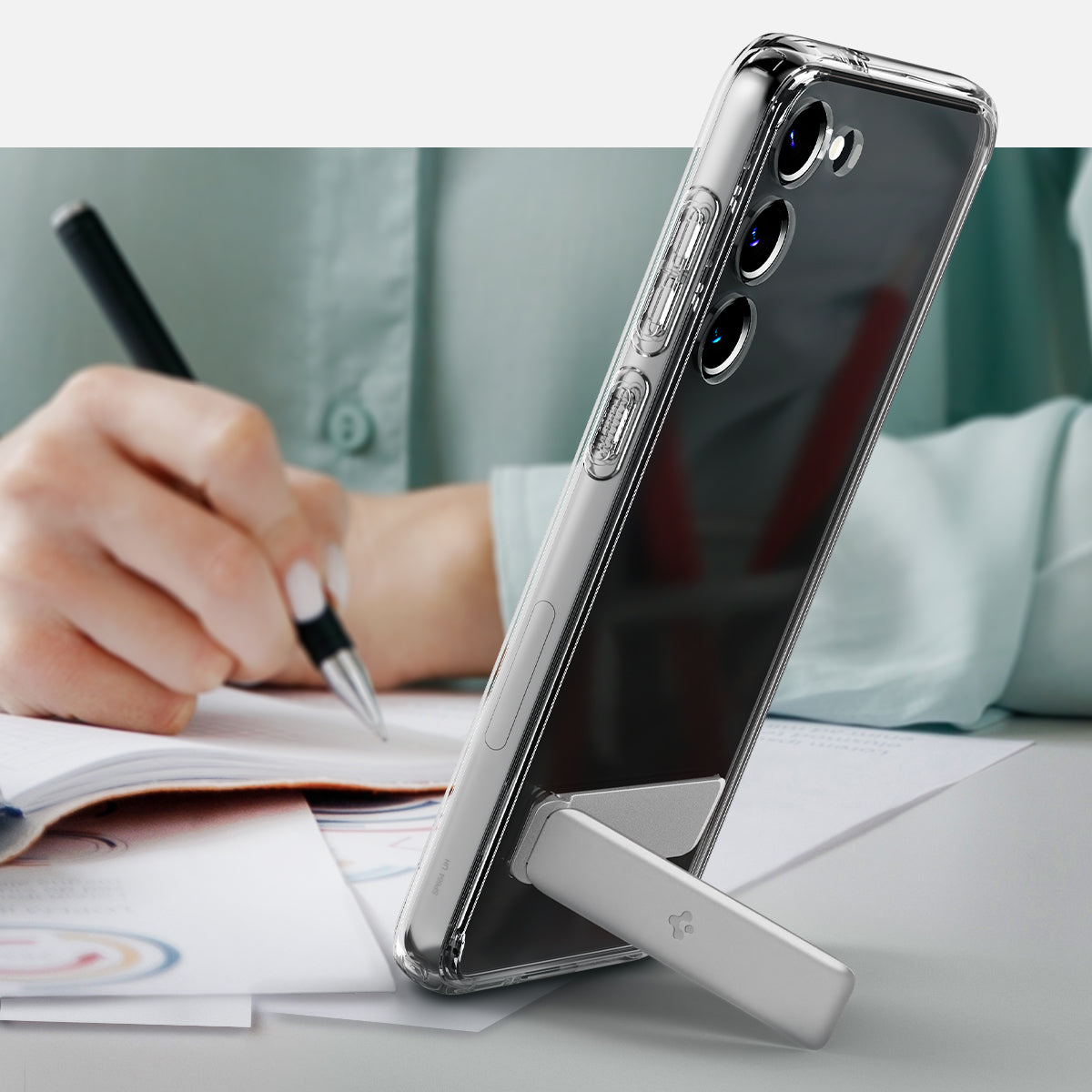 ACS05717 - Galaxy S23 Case Ultra Hybrid S in crystal clear showing using kick stand.