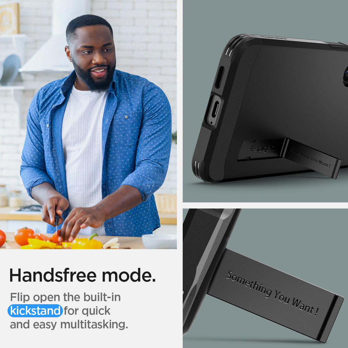 ACS07355 - Galaxy S24 Case Tough Armor in Black showing the handsfree mode. Flip open the built-in kickstand for quick and easy multitasking