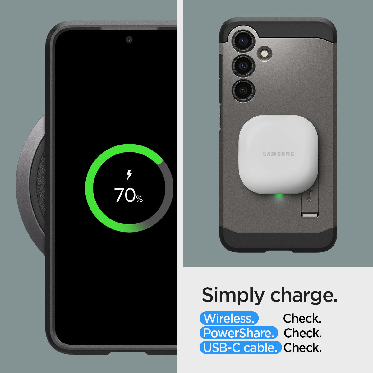 ACS07356 - Galaxy S24 Case Tough Armor in Gunmetal showing simply charge. Wireless, PowerShare and USB-C cable all check