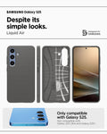 ACS09404 - Galaxy S25 Case Liquid Air in Abyss Green showing the compatibility. Only compatible with Galaxy S25 and not compatible with Galaxy S25+ and Galaxy S25 Ultra