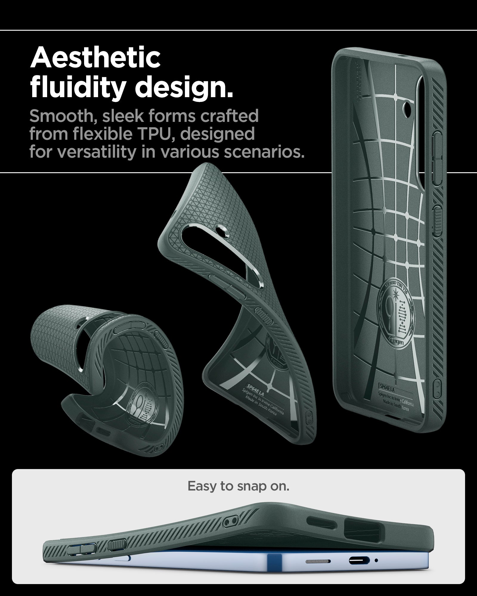 ACS09001 - Galaxy S25 Case Liquid Air in Abyss Green showing the aesthetic fluidity design. Smooth, sleek forms crafted from flexible TPU, designed for versatility in various scenarios. East to snap on