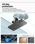 ACS09404 - Galaxy S25 Case Liquid Air in Abyss Green showing the all-day protection. Air Cushion Technology ensures optimal drop protection, covering all four corners of your phone. Air Cushion Technology. Raised edges