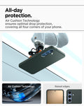 ACS09001 - Galaxy S25 Case Liquid Air in Abyss Green showing the all-day protection. Air Cushion Technology ensures optimal drop protection, covering all four corners of your phone. Air Cushion Technology. Raised edges