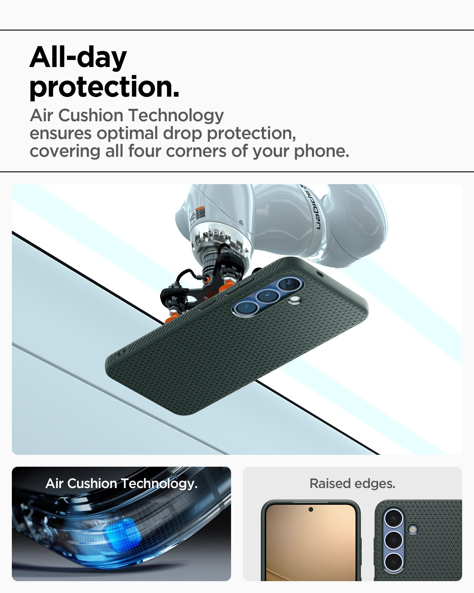 ACS09001 - Galaxy S25 Case Liquid Air in Abyss Green showing the all-day protection. Air Cushion Technology ensures optimal drop protection, covering all four corners of your phone. Air Cushion Technology. Raised edges