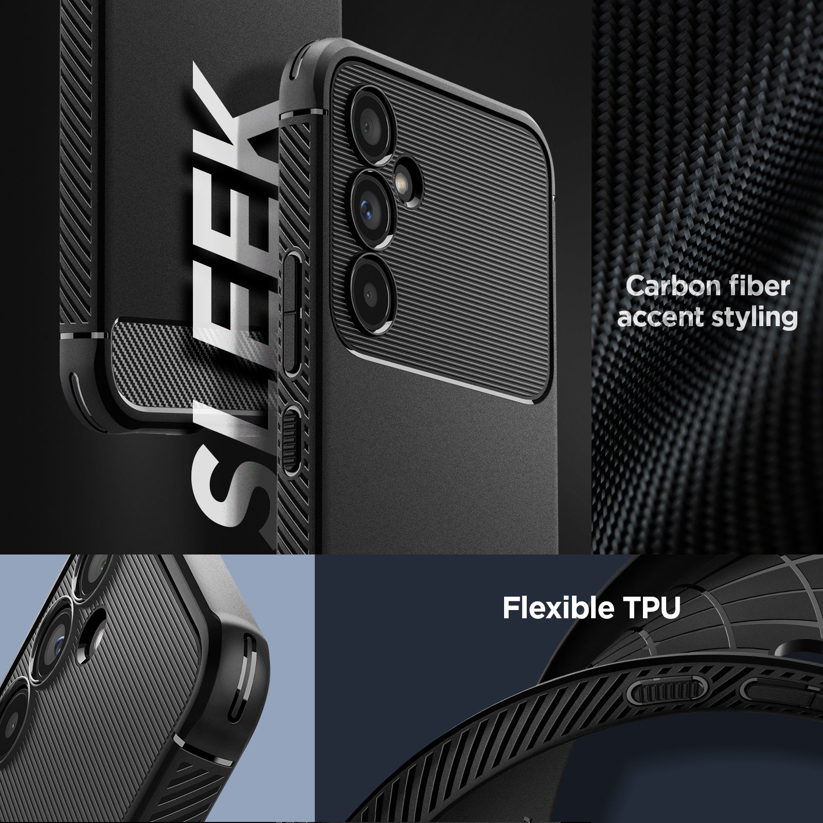 ACS05888 - Galaxy A54 5G Case Rugged Armor in Matte Black showing the carbon fiber accent styling. Flexible TPU