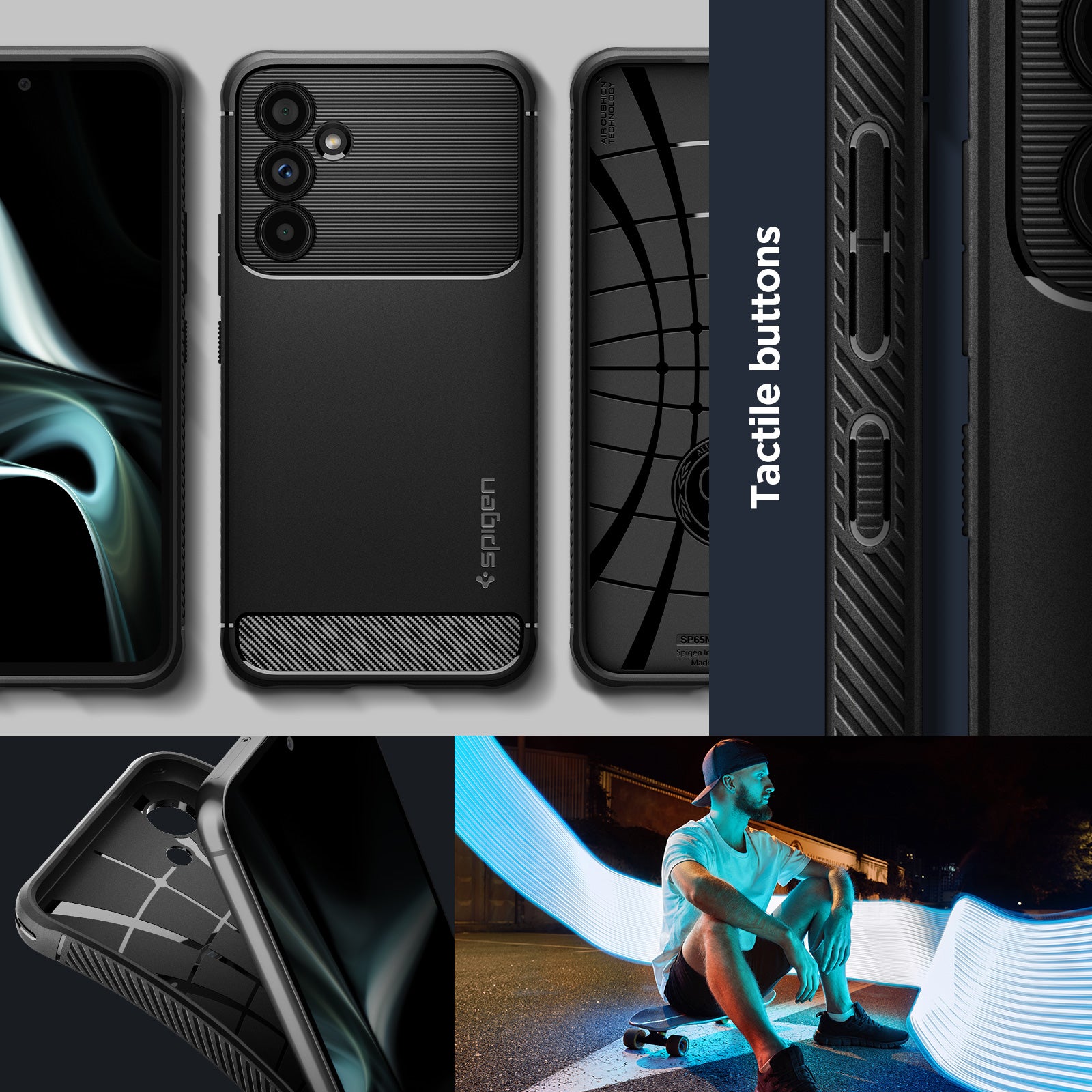 ACS05888 - Galaxy A54 5G Case Rugged Armor in Matte Black showing the different angles and tactile buttons