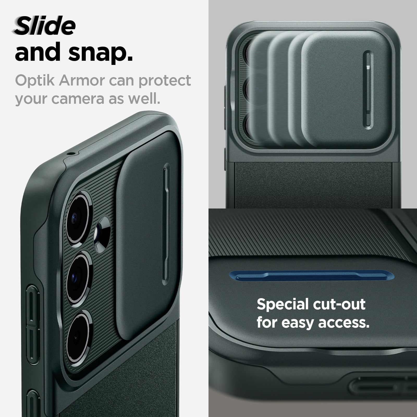 ACS07536 - Galaxy A55 5G Case Optik Armor in Abyss Green showing the slide and snap. Optik Armor can protect your camera as well with special cut-out for easy access