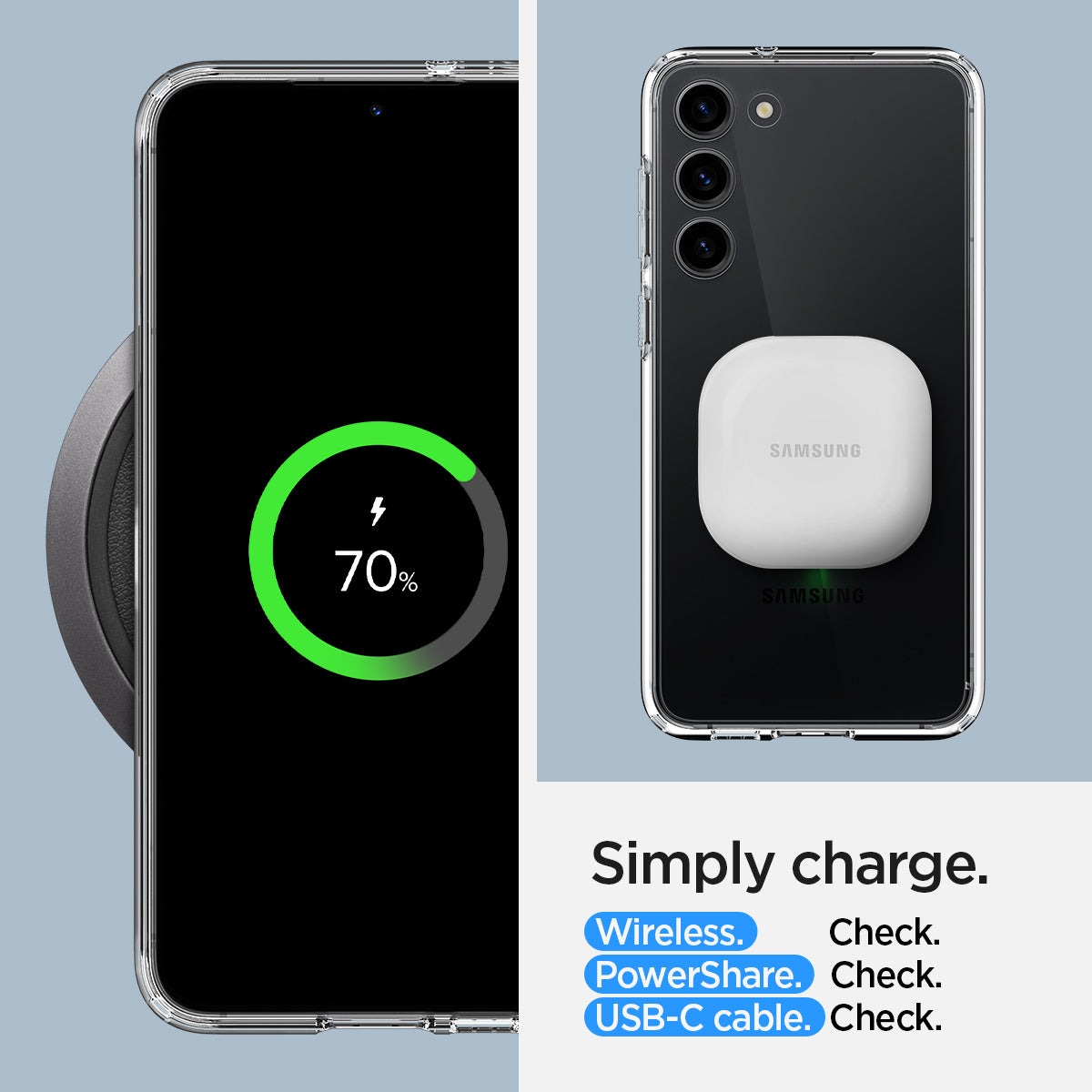 ACS05668 - Galaxy S23 Plus Case Ultra Hybrid in crystal clear Simply charge wireless check. power share check. USB-C cable check.