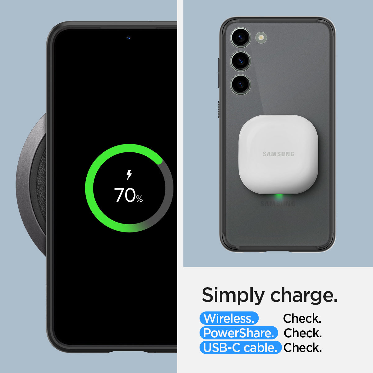 ACS05670 - Galaxy S23 Plus Case Ultra Hybrid in frost black Simply charge wireless check. power share check. USB-C cable check.