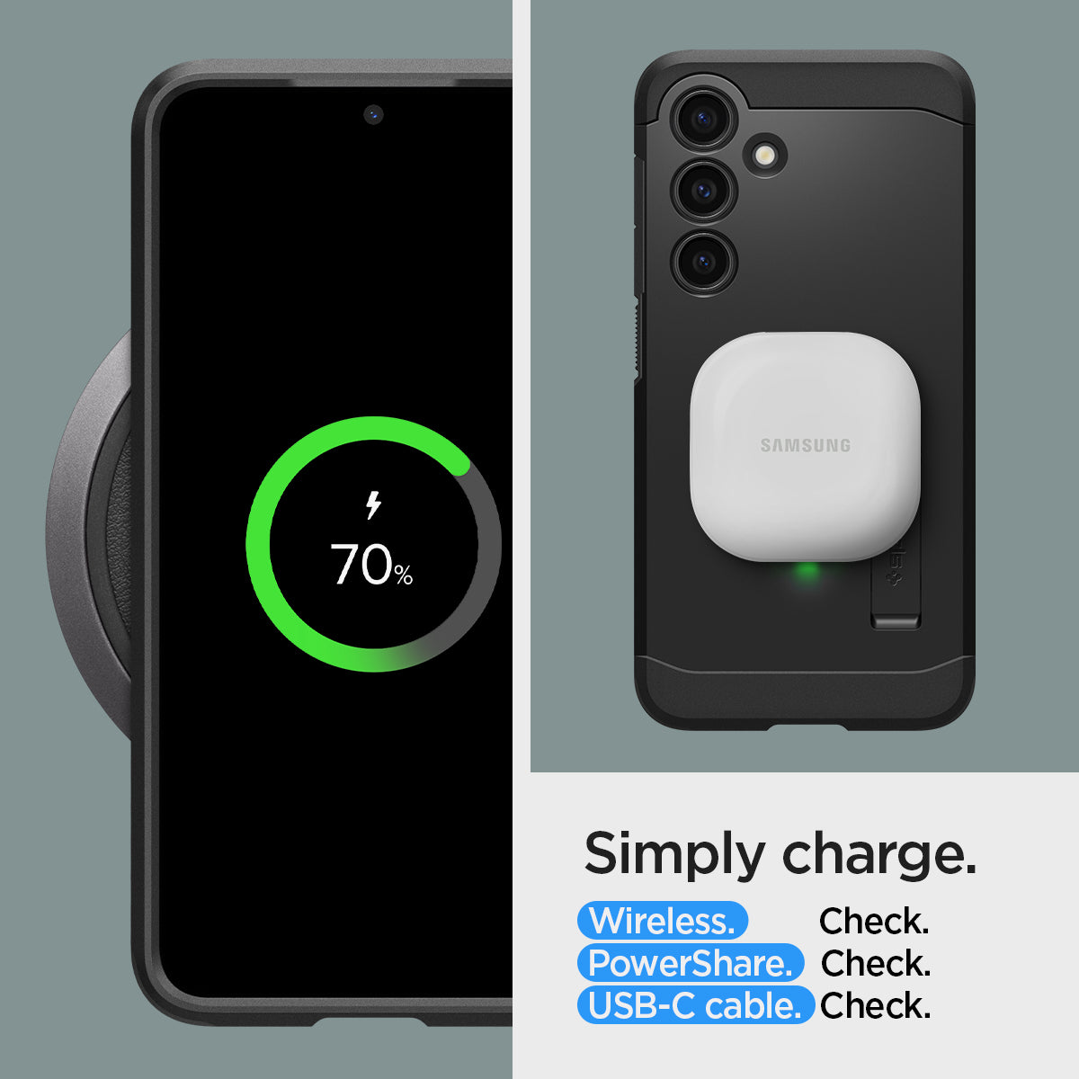 ACS07332 - Galaxy S24 Plus Case Tough Armor in Black showing simply charge. Wireless, PowerShare and USB-C cable all check