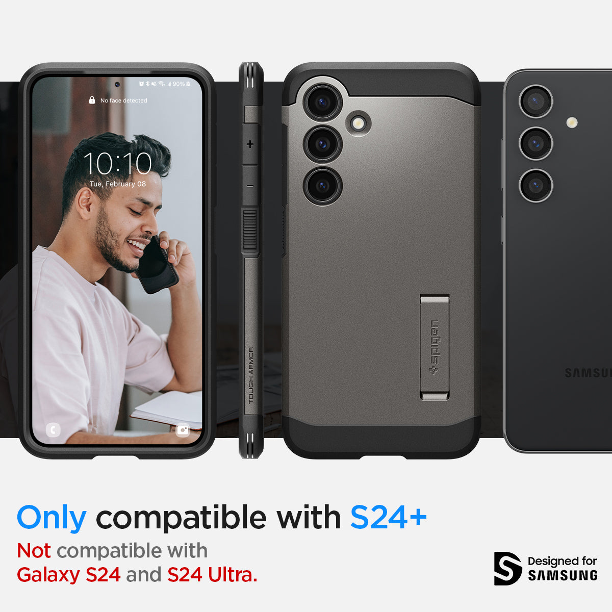 ACS07333 - Galaxy S24 Plus Case Tough Armor in Gunmetal showing the compatibility only with S24+. Not compatible with Galaxy S24 and S24 Ultra