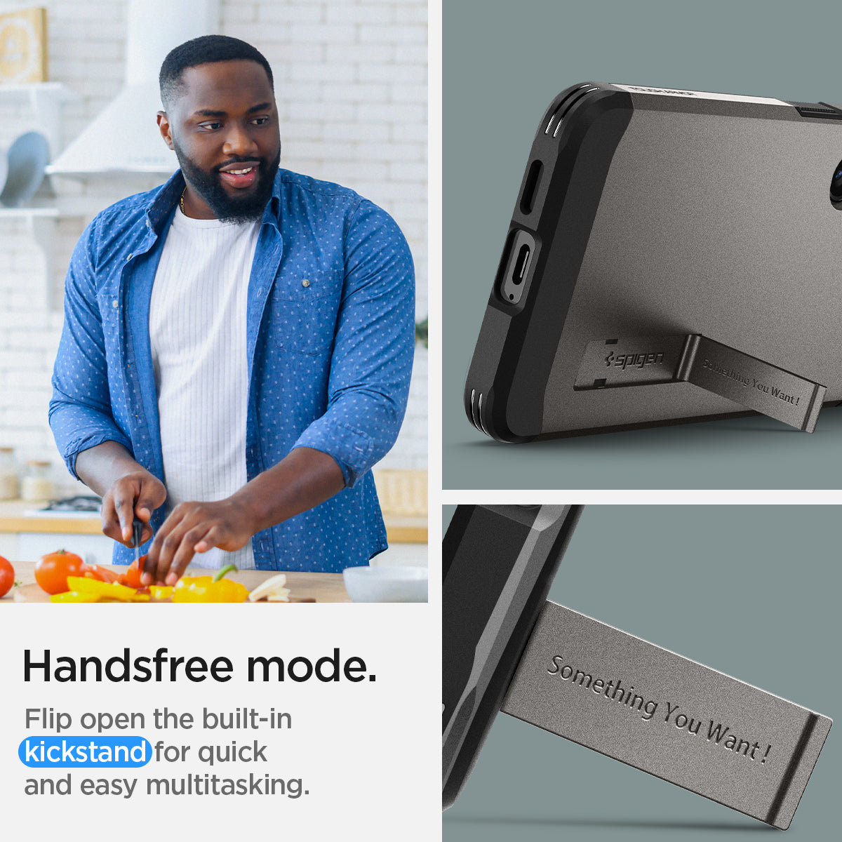 ACS07333 - Galaxy S24 Plus Case Tough Armor in Gunmetal showing the handsfree mode. Flip open the built-in kickstand for quick and easy multitasking