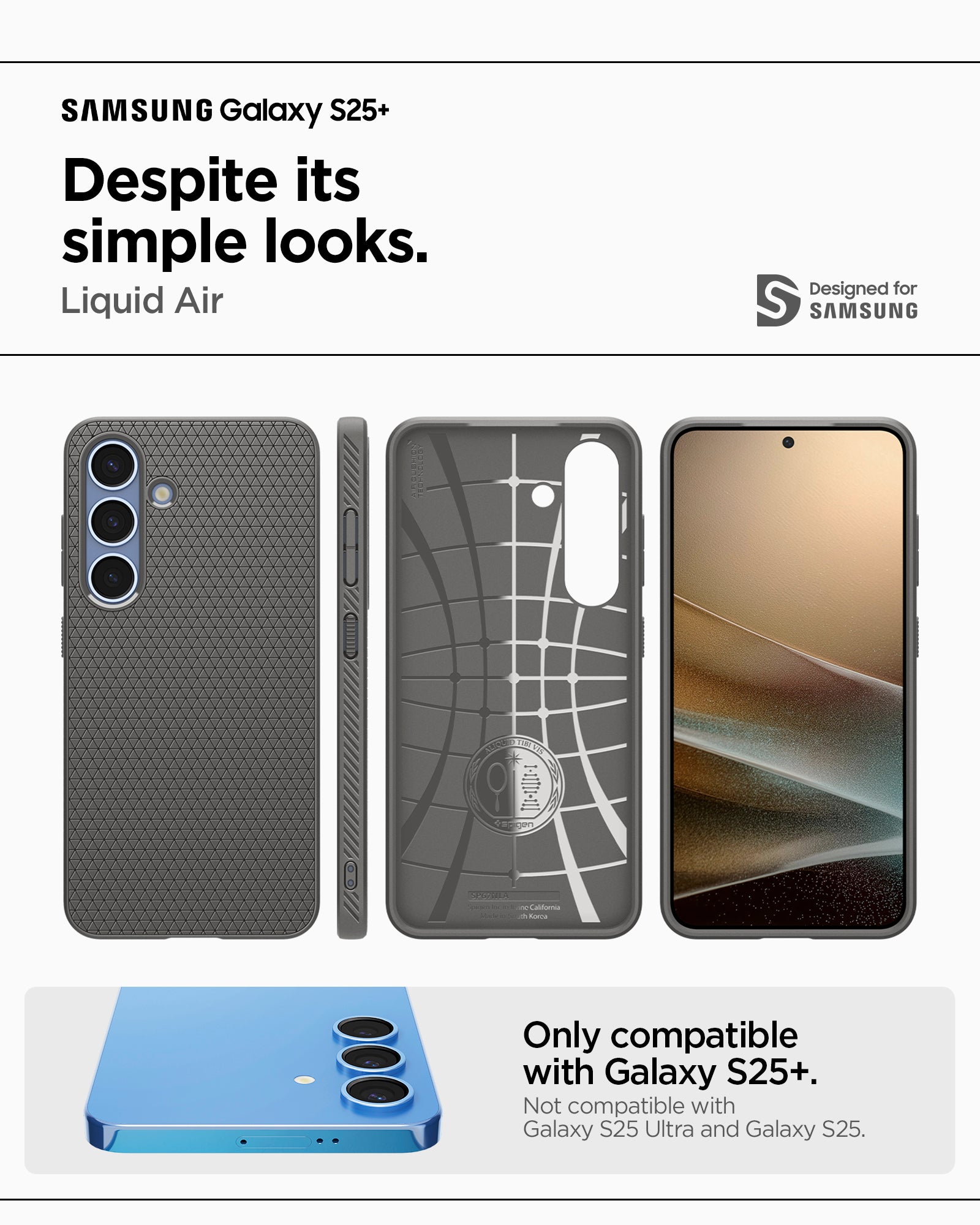 ACS08980 - Galaxy S25 Plus Case Liquid Air in Marble Gray showing the compatibility. Only compatible with Galaxy S25+ and not compatible with Galaxy S25 and Galaxy S25 Ultra