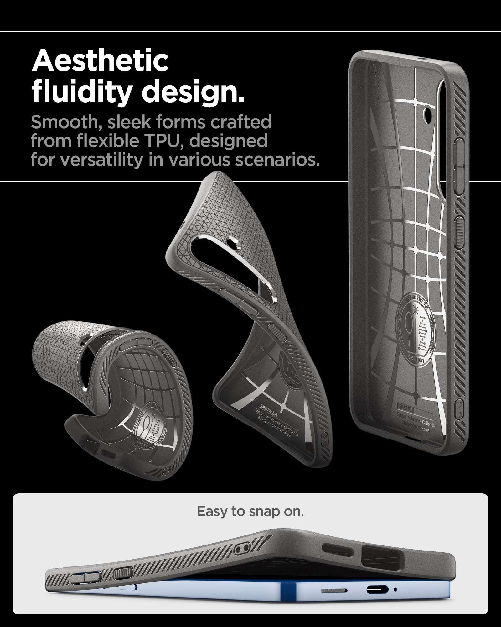 ACS08980 - Galaxy S25 Plus Case Liquid Air in Marble Gray showing the aesthetic fluidity design. Smooth, sleek forms crafted from flexible TPU, designed for versatility in various scenarios. East to snap on