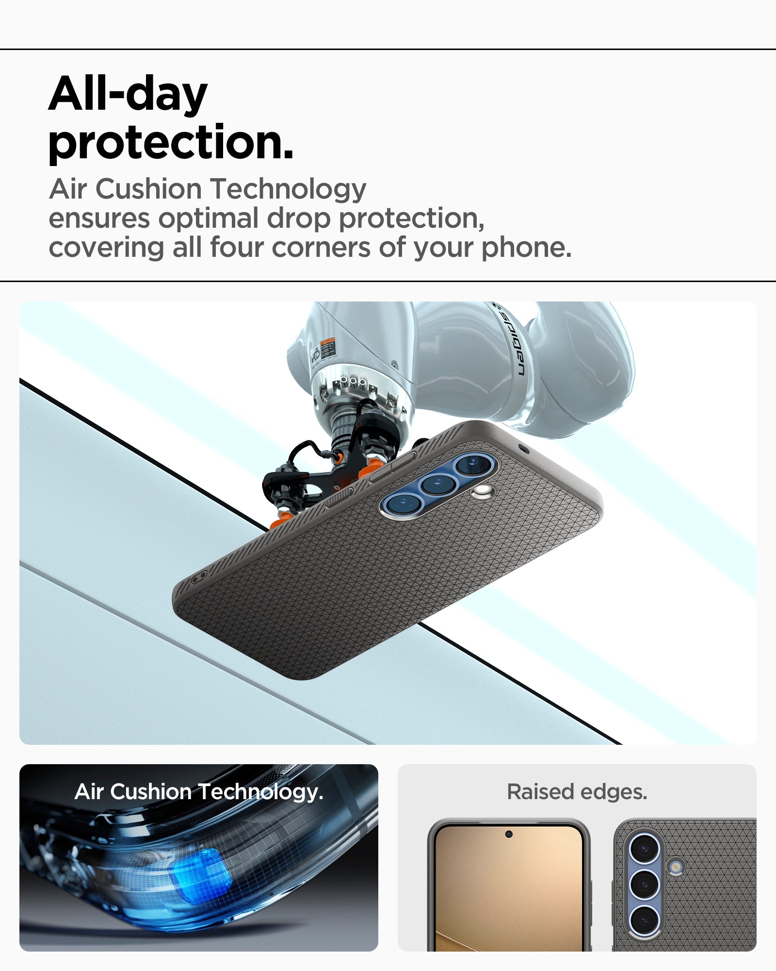 ACS08980 - Galaxy S25 Plus Case Liquid Air in Marble Gray showing the all-day protection. Air Cushion Technology ensures optimal drop protection, covering all four corners of your phone. Air Cushion Technology. Raised edges