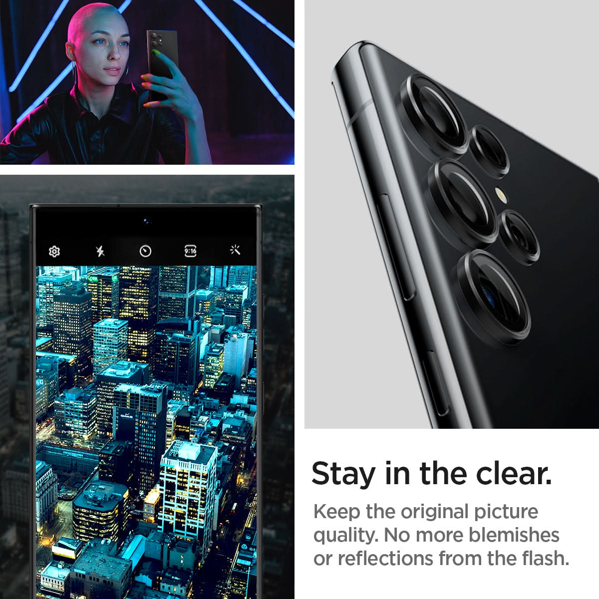 AGL05950 - Galaxy S23 Ultra EZ Fit Optik Pro Lens Protector in black stay in the clear. keep the original picture quality. No more blemishes or reflections from the flash.