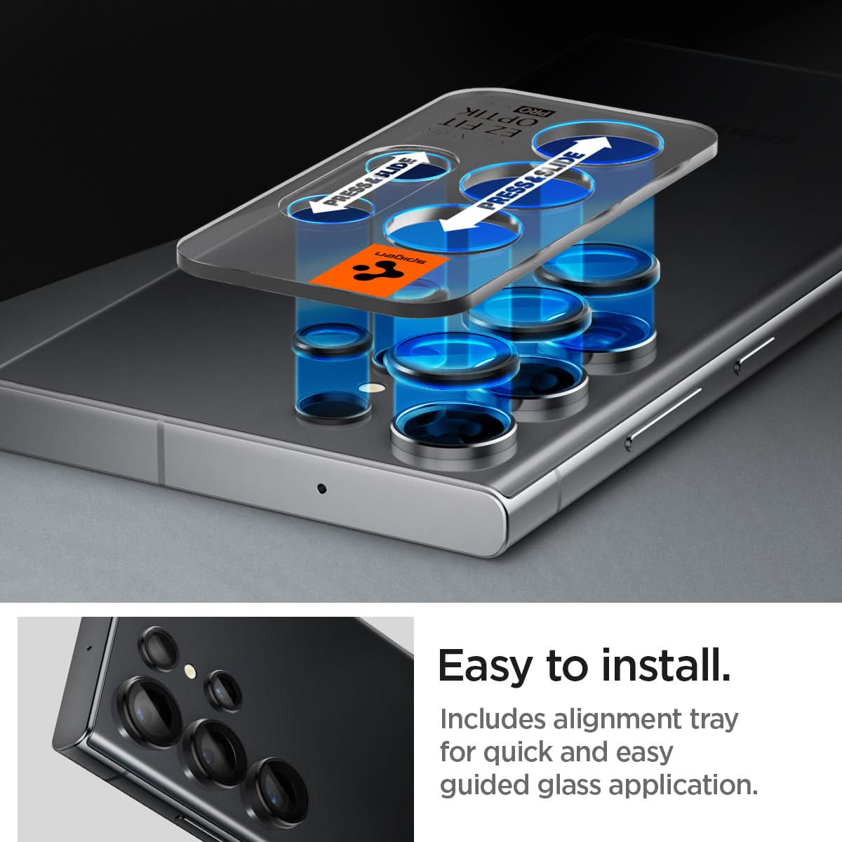 AGL05950 - Galaxy S23 Ultra EZ Fit Optik Pro Lens Protector in black easy to install. Includes alignment tray for quick and easy guided glass application.