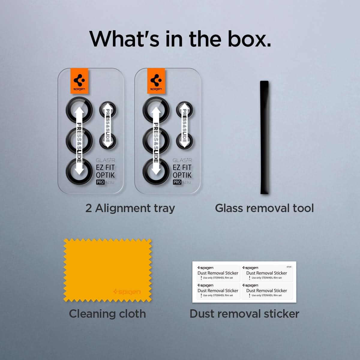 AGL05950 - Galaxy S23 Ultra EZ Fit Optik Pro Lens Protector in black what's in the box. 2 alignment tray, glass removal tool, cleaning cloth, dust removal sticker.