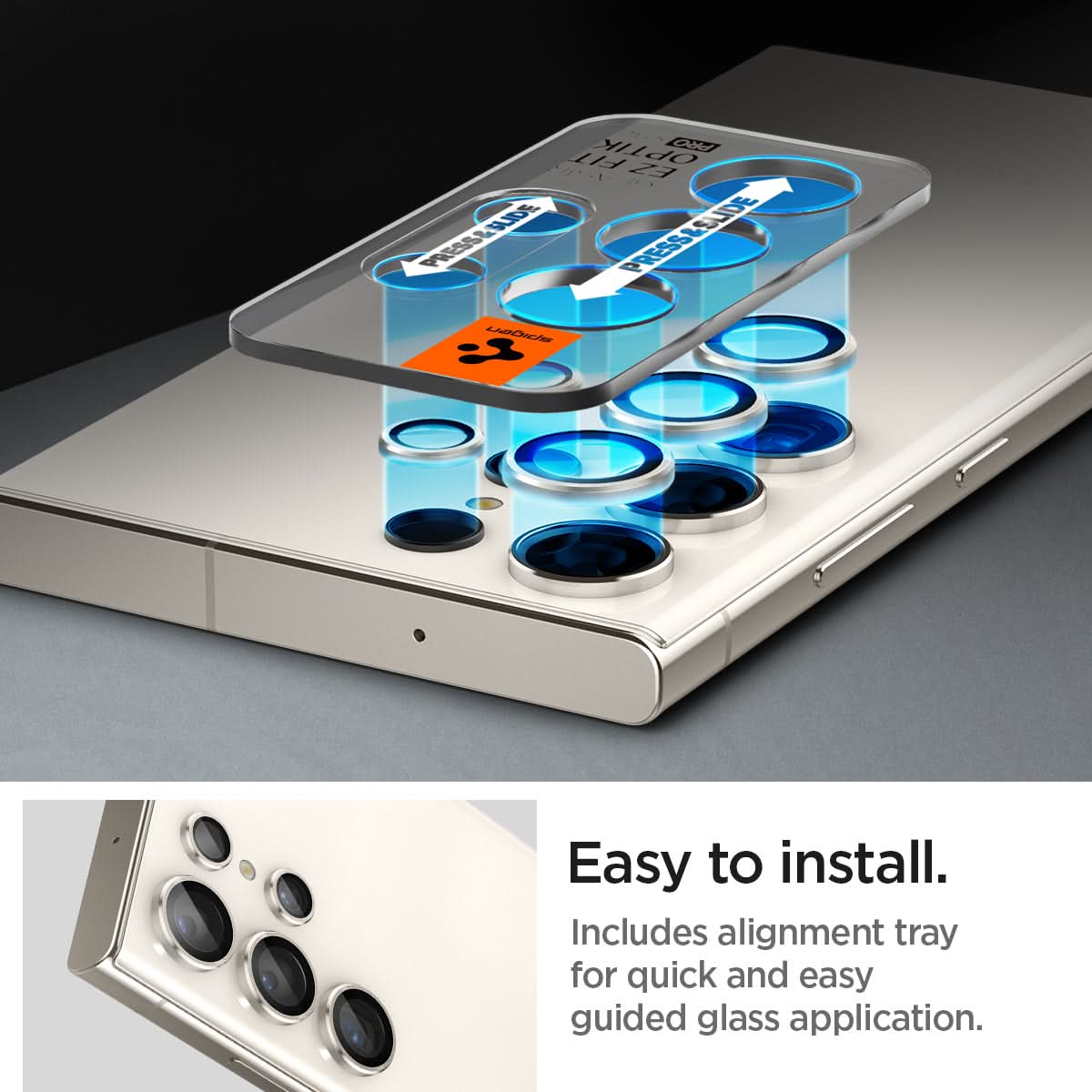 AGL06165 - Galaxy S23 Ultra EZ Fit Optik Pro Lens Protector in cream easy to install. Includes alignment tray for quick and easy guided glass application.