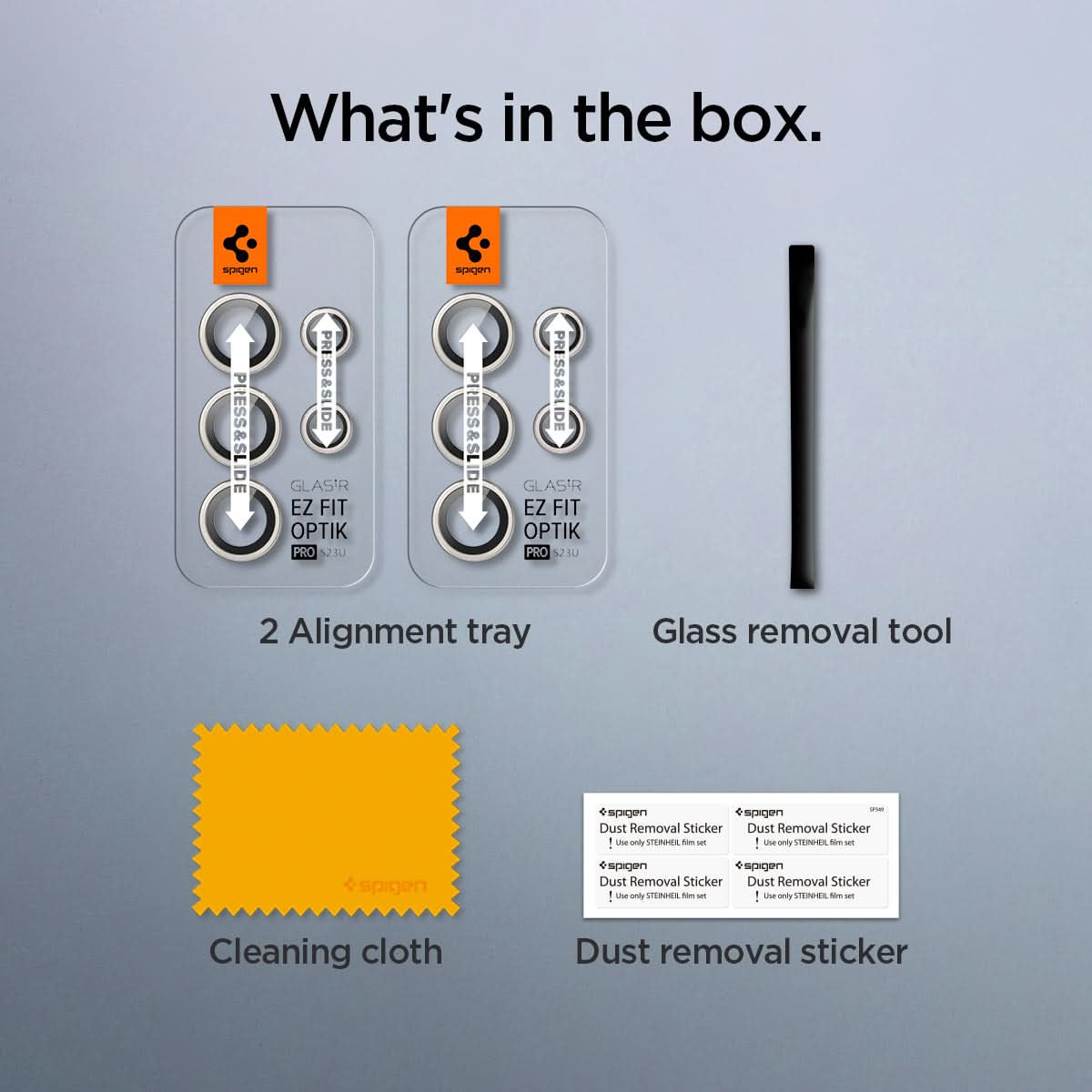 AGL06165 - Galaxy S23 Ultra EZ Fit Optik Pro Lens Protector in cream what's in the box. 2 alignment tray, glass removal tool, cleaning cloth, dust removal sticker.