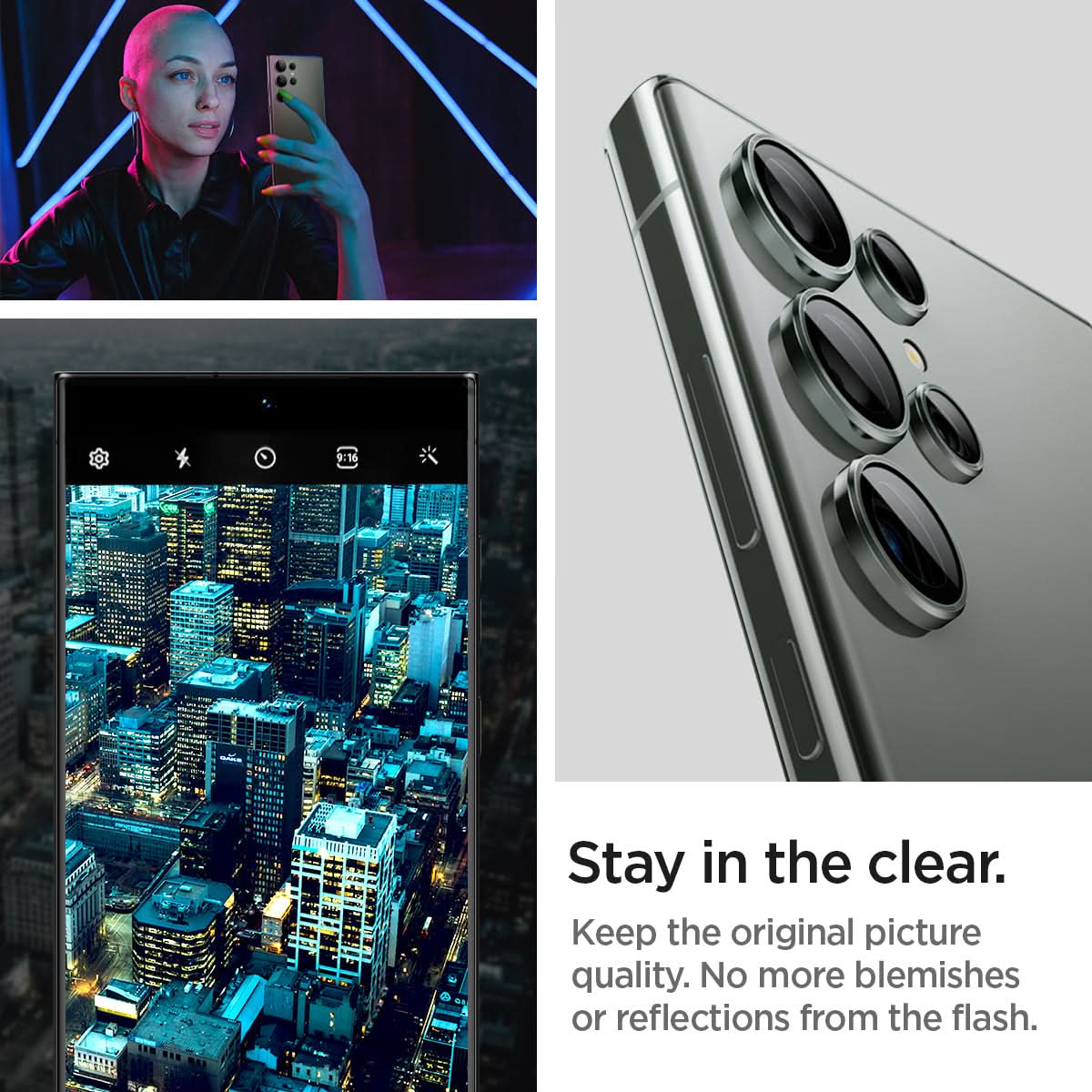 AGL06166 - Galaxy S23 Ultra EZ Fit Optik Pro Lens Protector in green stay in the clear. keep the original picture quality. No more blemishes or reflections from the flash.