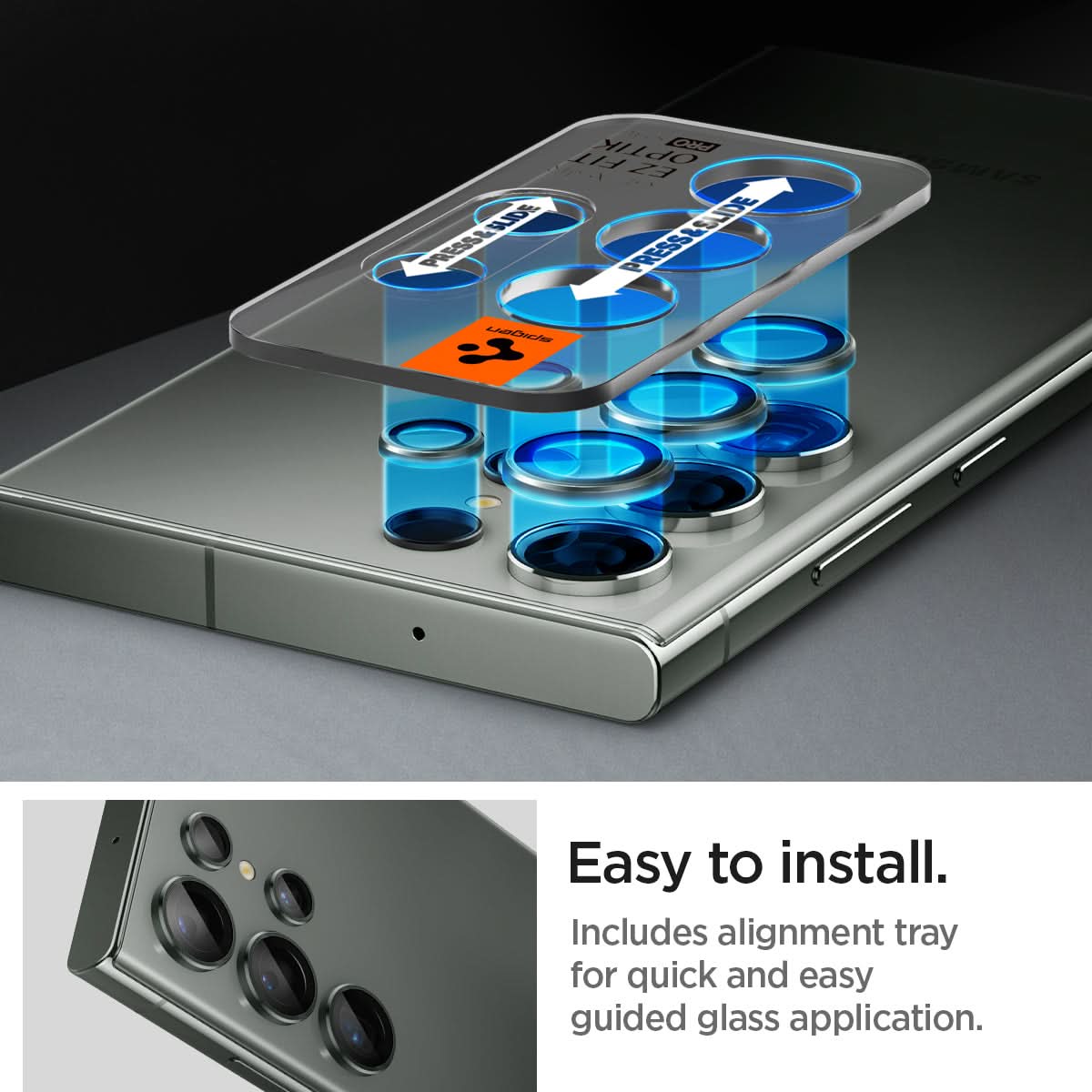 AGL06166 - Galaxy S23 Ultra EZ Fit Optik Pro Lens Protector in green easy to install. Includes aligment tray for quick and easy guided glass application.
