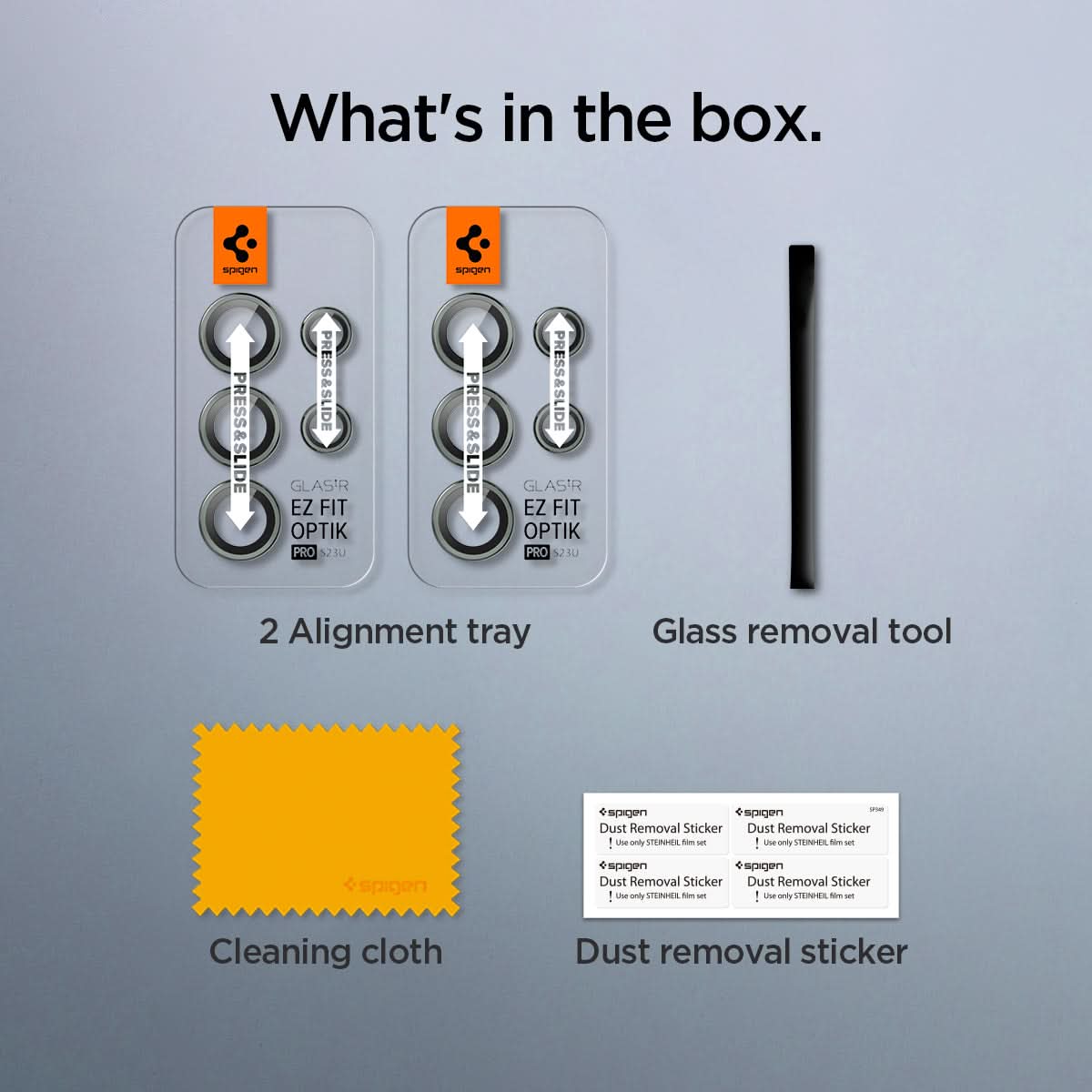 AGL06166 - Galaxy S23 Ultra EZ Fit Optik Pro Lens Protector in green what's in the box. 2 alignment tray, glass removal tool, cleaning cloth, dust removal sticker.