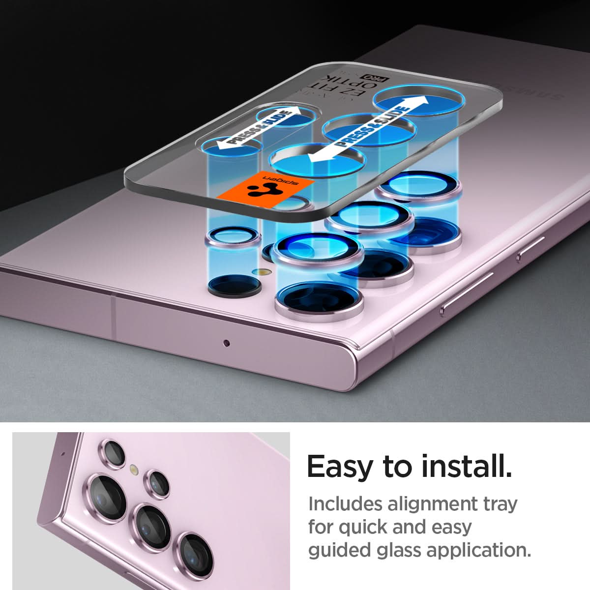 AGL06167 - Galaxy S23 Ultra EZ Fit Optik Pro Lens Protector in lavender easy to install. Includes alignment tray for quick and easy guided glass application.