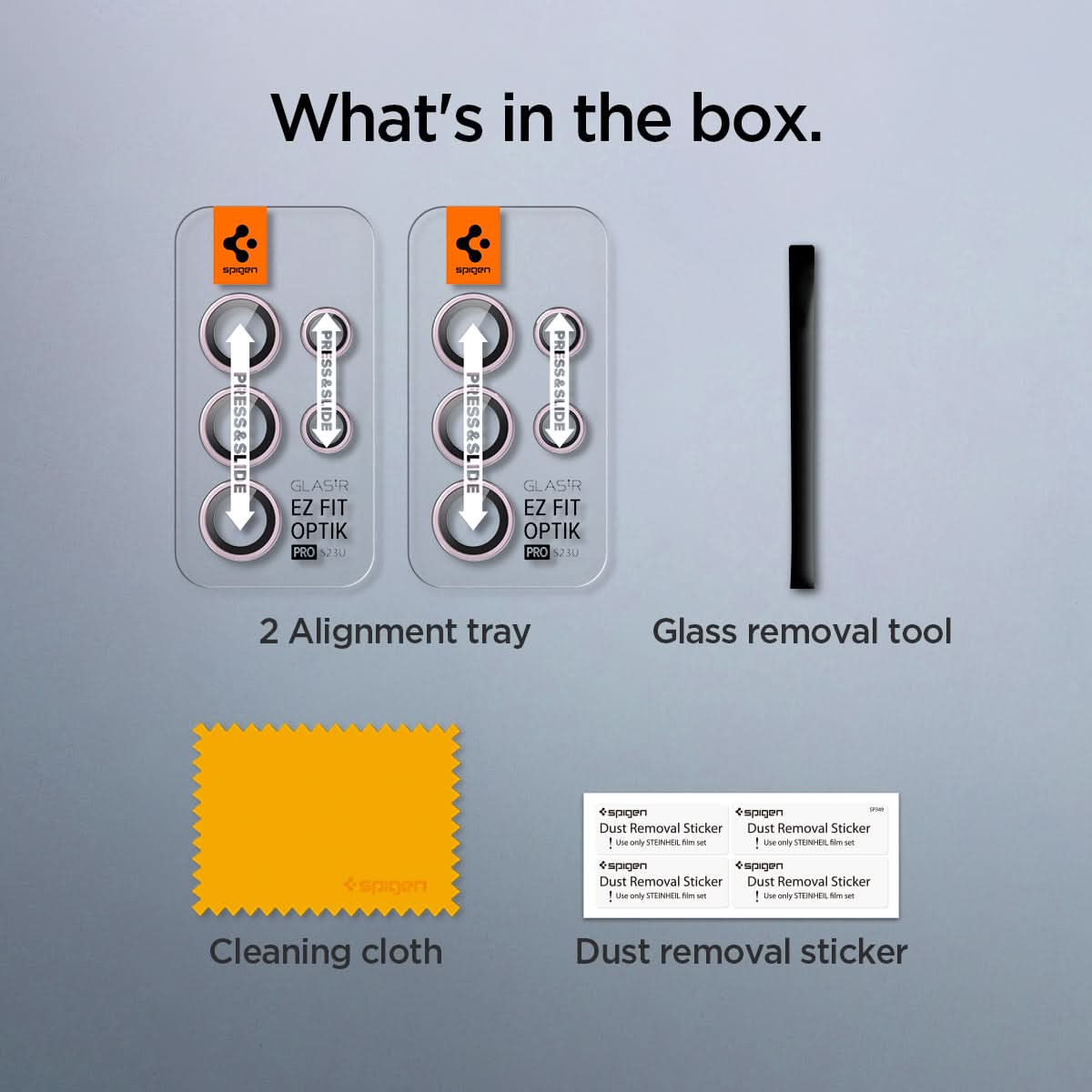 AGL06167 - Galaxy S23 Ultra EZ Fit Optik Pro Lens Protector in lavender what's in the box. 2 alignment tray, glass removal tool, cleaning cloth, dust removal sticker.