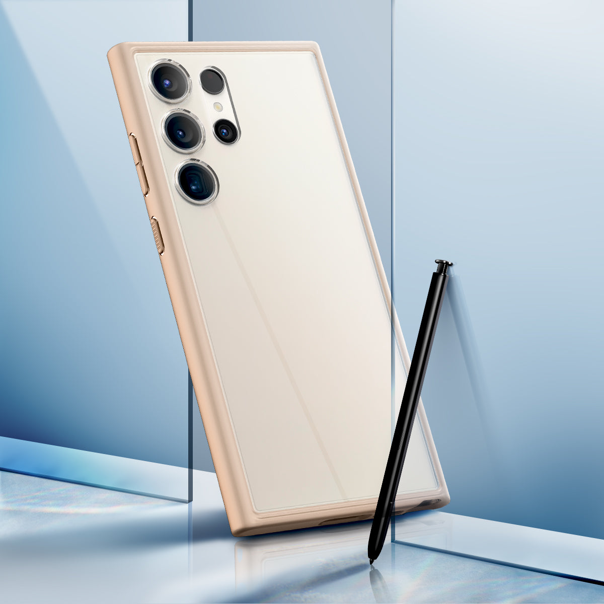 ACS06078 - Galaxy S23 Ultra Case Ultra Hybrid in sand beige showing clear back with S pen.