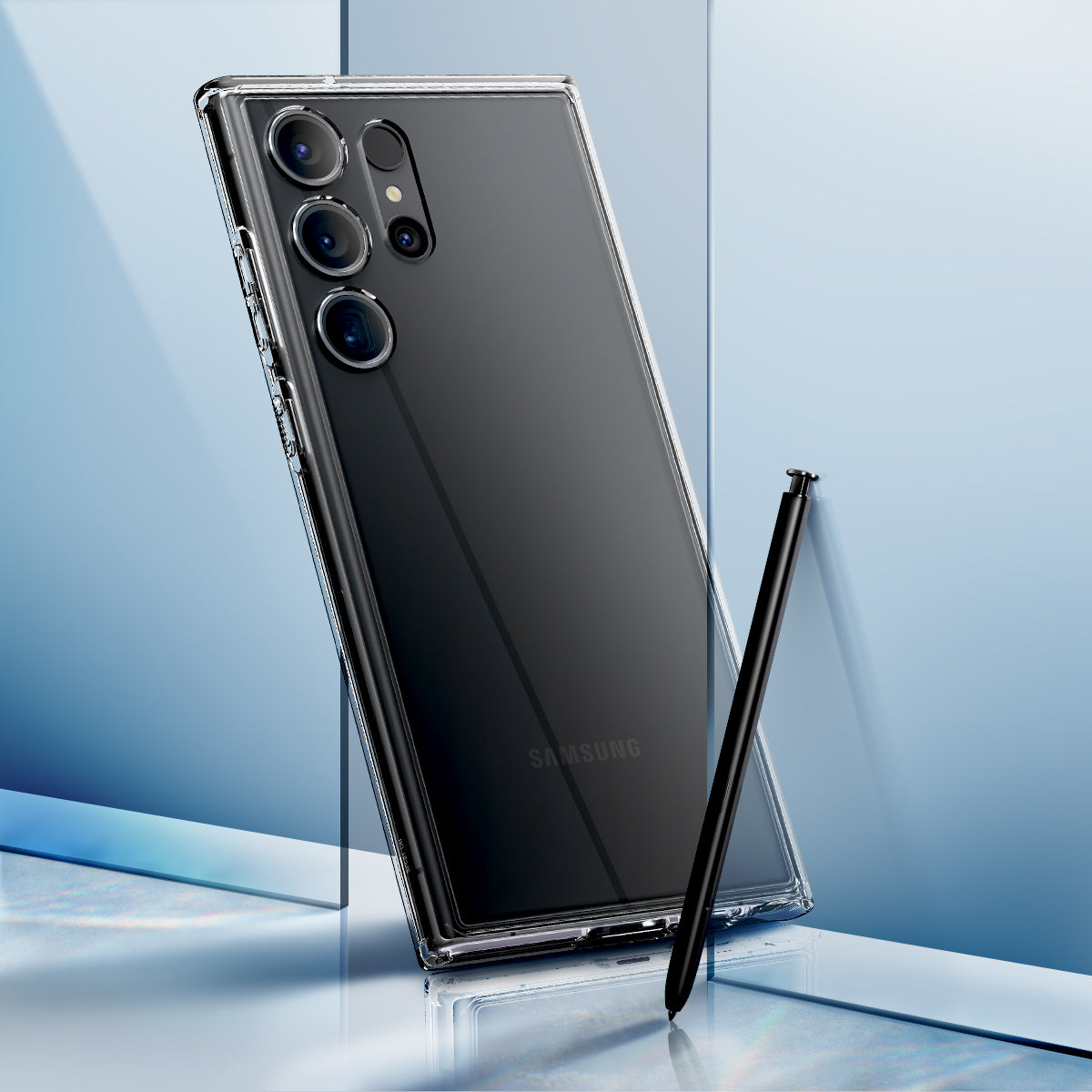 ACS05617 - Galaxy S23 Ultra Case Ultra Hybrid in crystal clear showing clear back with S pen.