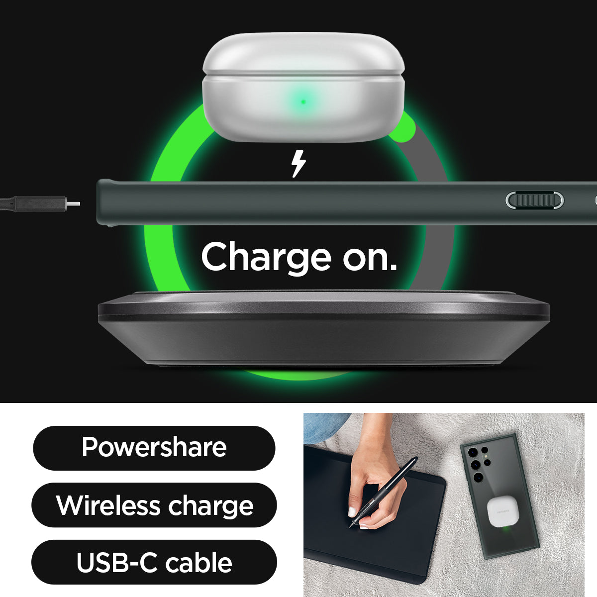 ACS06080 - Galaxy S23 Ultra Case Ultra Hybrid in frost green charge on. powershare. wireless charge. USB-C cable.