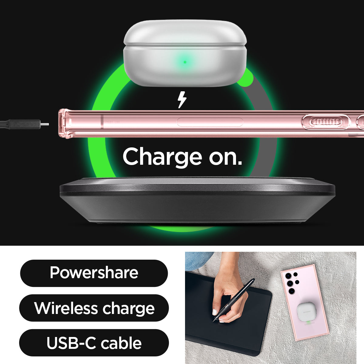 ACS06079 - Galaxy S23 Ultra Case Ultra Hybrid in rose crystal charge on. powershare. wireless charge. USB-C cable.