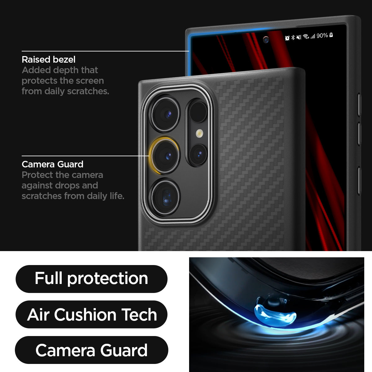 ACS07289 - Galaxy S24 Ultra Case Enzo Aramid in Matte Black showing the full protection, air cushion tech and camera guard. Raised bezel-added depth that protects the screen from daily scratches