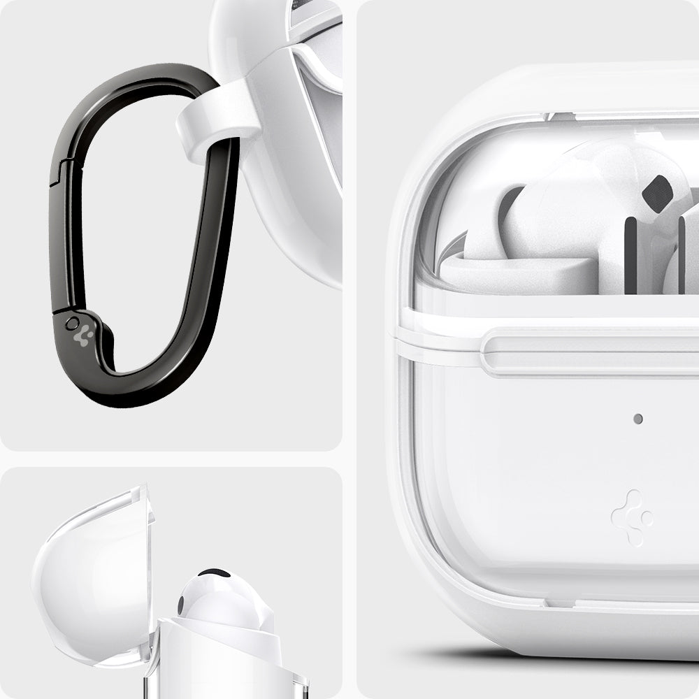 ACS08431 - Galaxy Buds 3 Pro Ultra Hybrid in Jet White showing carabiner and side with top open.