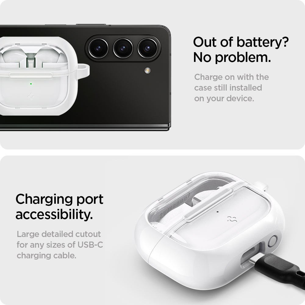 ACS08431 - Galaxy Buds 3 Pro Ultra Hybrid in Jet White Out of battery? No problem. Charge on with the case still installed on your device. Charging port accessibility. Large detailed cutout for any sizes of USB-C charging cable.