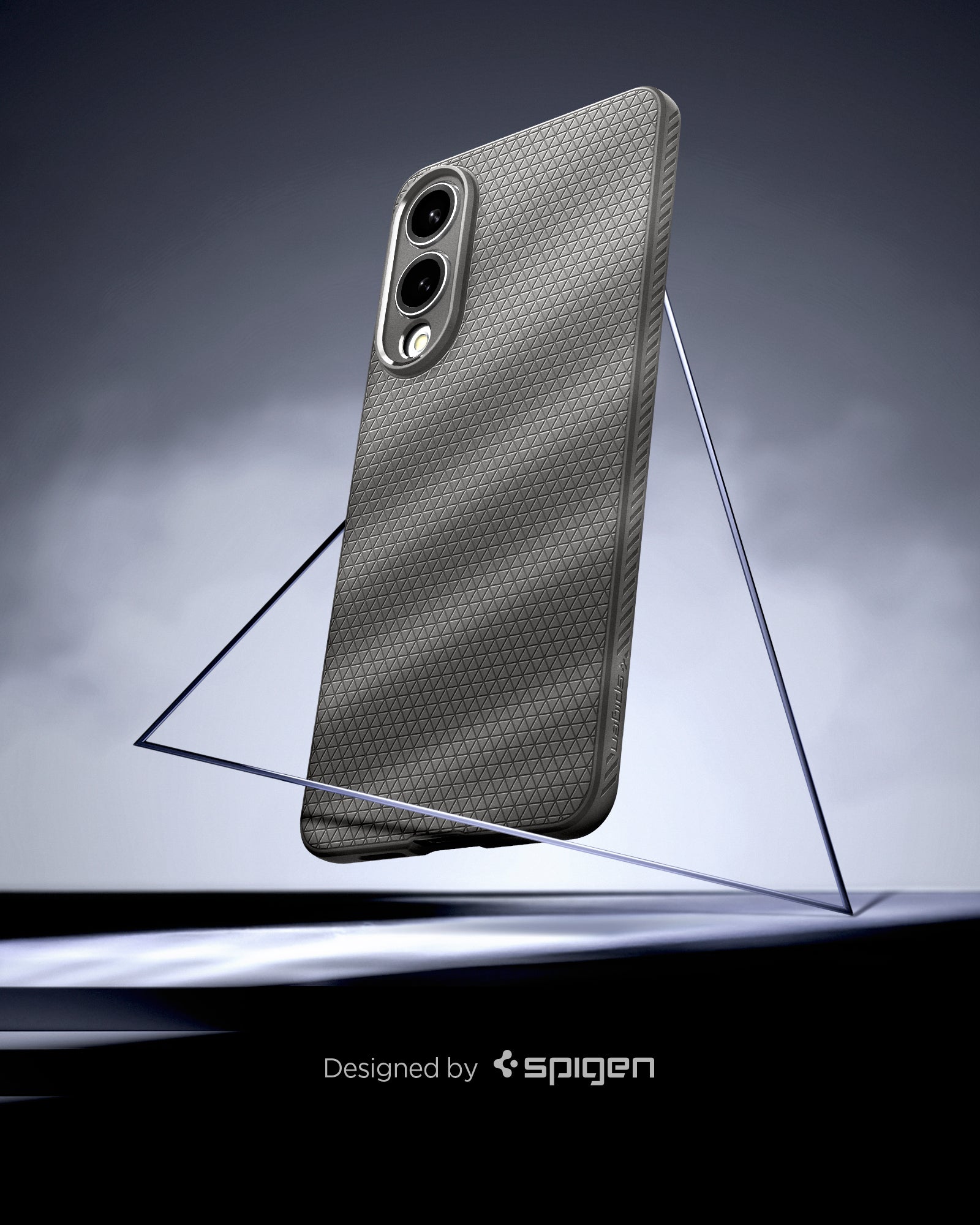 ACS09421 - Galaxy S25 Edge Case Liquid Air in Marble Gray showing the back and partial side case inside the triangle