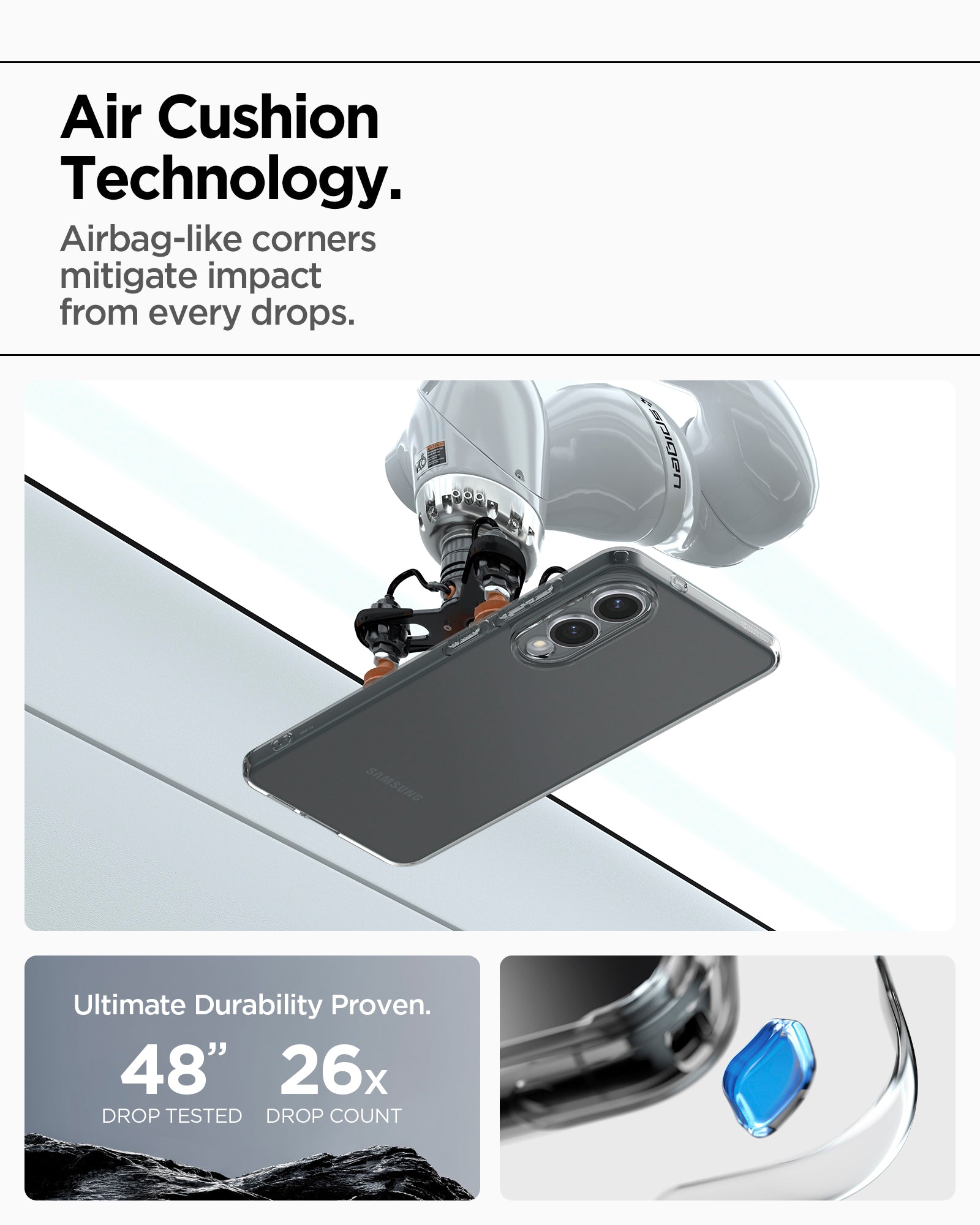 ACS09426 - Galaxy S25 Edge Case Liquid Crystal in Space Crystal showing the Air Cushion Technology. Airbag-like corners mitigate impact from every drops. Ultimate Durability Proven. 48" drop tested 26x drop count