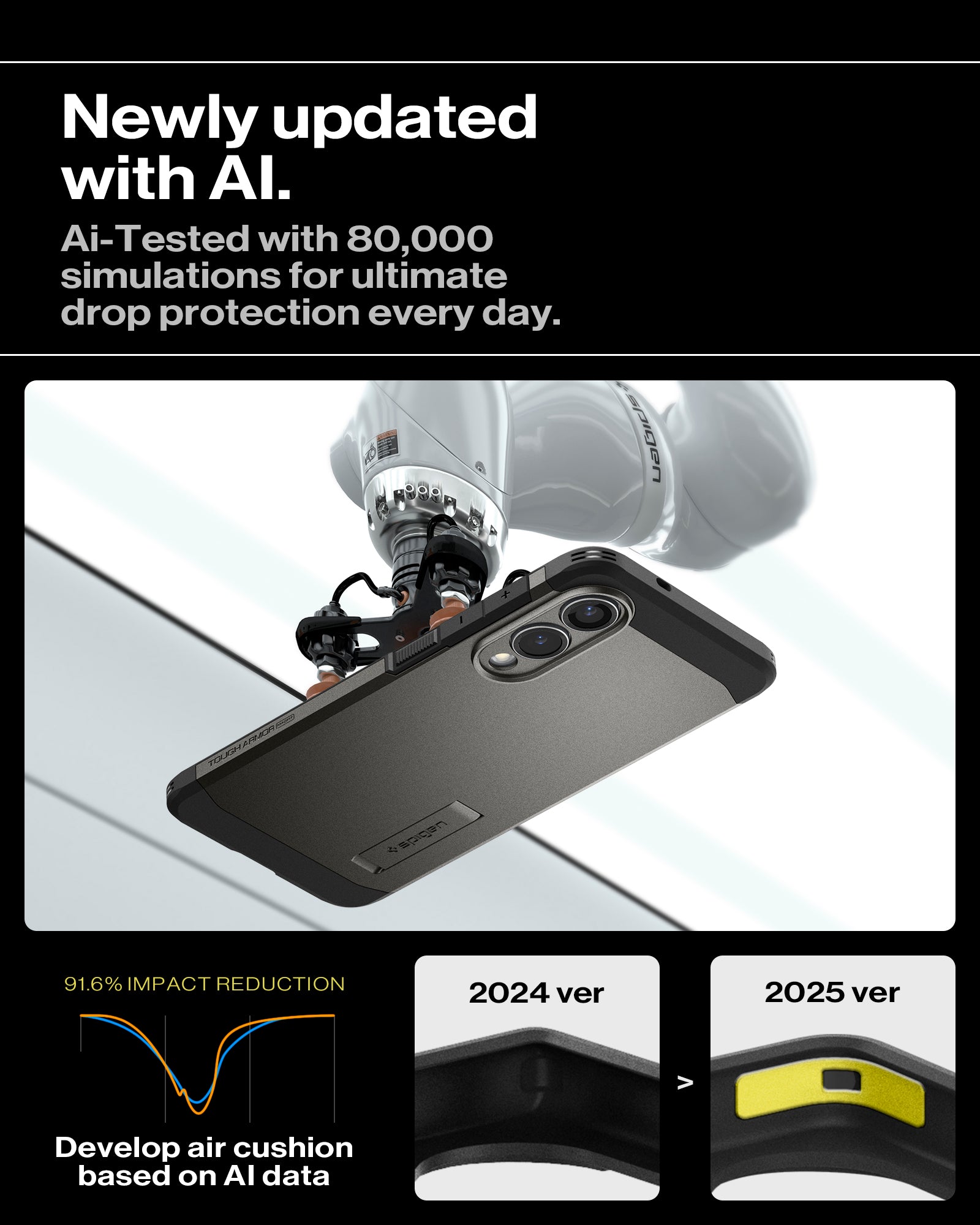 ACS09423 - Galaxy S25 Edge Case Tough Armor AI (MagFit) in Gunmetal showing the newly updated with AI. Ai-Tested with 80,000 simulations for ultimate drop protection every day