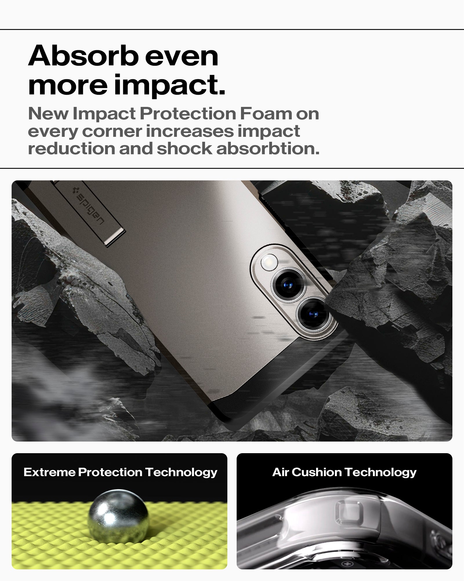 ACS09423 - Galaxy S25 Edge Case Tough Armor AI (MagFit) in Gunmetal showing how it absorb even more impact. New Impact Protection Foam on every corner increases impact reduction and shock absorption. Extreme Protection Technology and Air Cushion Technology