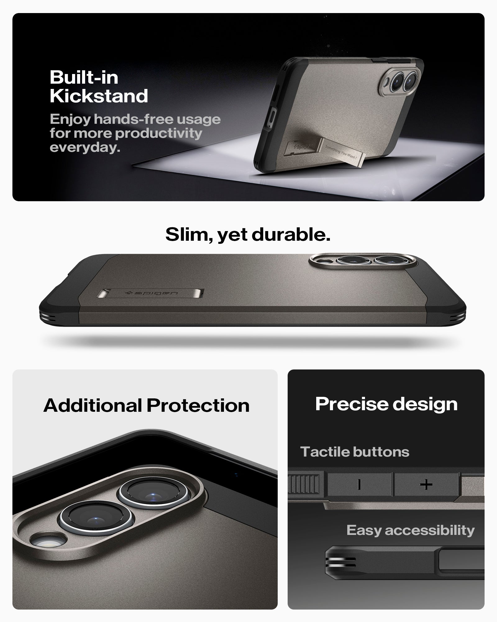 ACS09423 - Galaxy S25 Edge Case Tough Armor AI (MagFit) in Gunmetal showing the built-in kickstand. Enjoy hands-free usage for more productivity everyday. Slim, yet durable. Additional Protection. Precise design, tactile buttons and easy accessibility